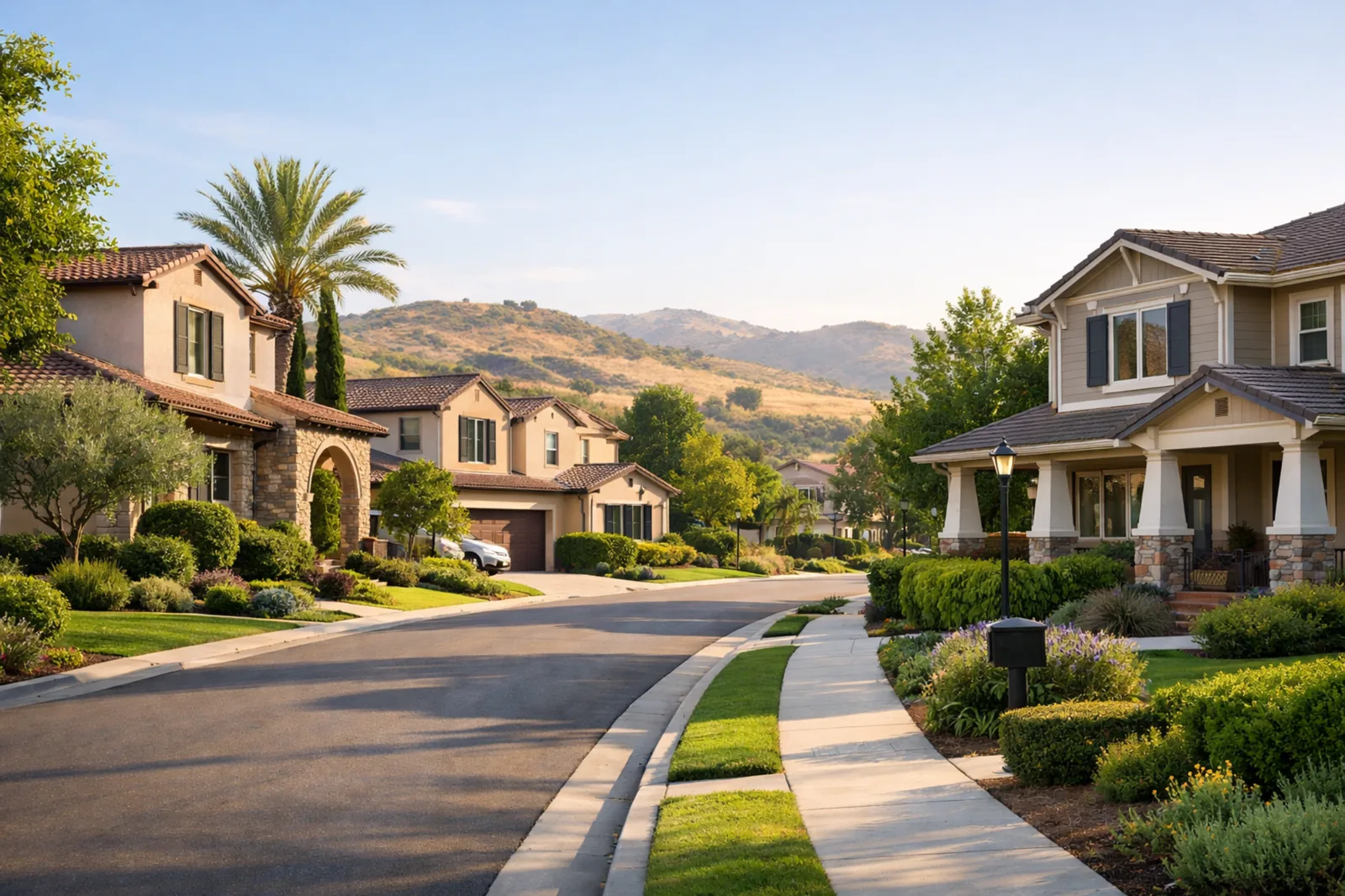 A quiet North County neighborhood street with landscaped homes and open hills in the background.